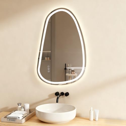 YOURLITE Badspiegel mit Beleuchtung Asymmetrischer 85x55cm, LED Spiegel Bad...