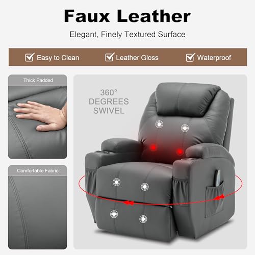 Recliner Chair, Rocking Chair with Massage and Heat, 360° Swivel Recliner Chairs for Adults, Rocker Manual Recliner with Remote Control and Cup Holder for Living Room, Bedroom, Nursery