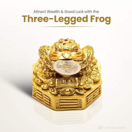 Plus Value Feng Shui Lucky Three Legged Money Frog with Coin in Mouth Toad Good Luck, Wealth, Prosperity, Success, Happiness, Positivity Home Office Decor Gifting (Golden, 3 Inches, Showpiece Statue)