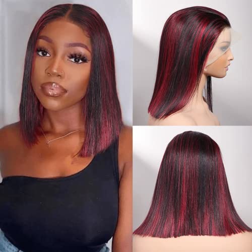 SUPERLOOK Highlight Bob Wigs Human Hair 13x4 Transparent Burgundy Lace Front Wigs Human Hair P1B/99j Short Ombre Bob Wig Human Hair for Women Pre Plucked with Baby Hair (12inch,P1B99J Bob Wigs)