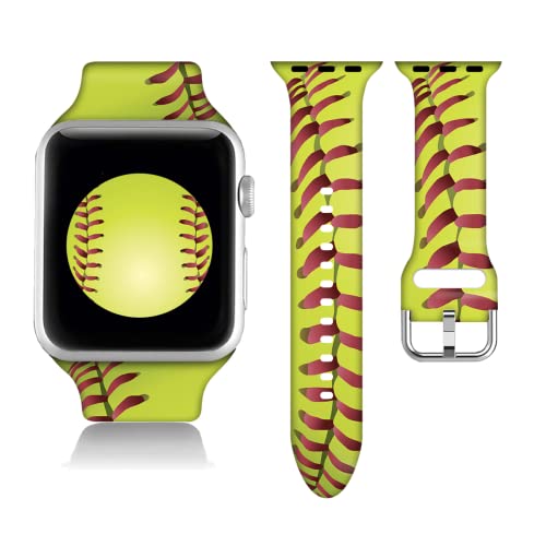 Compatible With American Softball Apple Watch 38/40/41/42/44/45mm For Women Men,Soft Silicone Sport Ball Gifts Decorations Replacement Wristband Band For Iwatch Series 7 6 5 4 3 2 1 SE.38mm/40mm/41mm