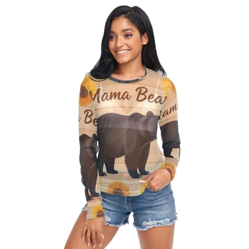 Women's See Through Tee Shirt, Mama Bear Sunflower Forestland Art Print Rustic Brown Yellow Farmhouse, Mesh Long Sleeve Mesh Top S
