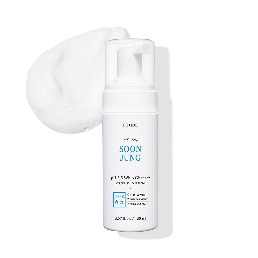 ETUDE Soonjung pH 6.5 Whip Cleanser New, Face Wash for Sensitive Skin, Soft Bubble, Hypoallergenic Cleansing, Low pH Level, Fragrance-Free, Panthenol, Madecassoside, Korean Skin Care (5.07 Fl Oz)