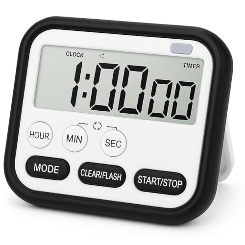 Image of Digital Kitchen Timer & Stopwatch with Loud Alarm | Large Display Countdown Timer | Magnetic Stand | Mechanical Cooking Timer Clock for Kitchen, Study, Workout (Black)