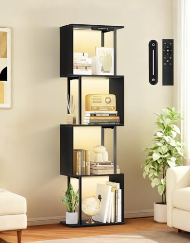 OUTONLIFE Bibliothèque Géométrique en S à 5 Niveaux avec Lumière LED, 3 Températures de Couleur, Commande Tactile et Télécommande, Étagère Ajustable...