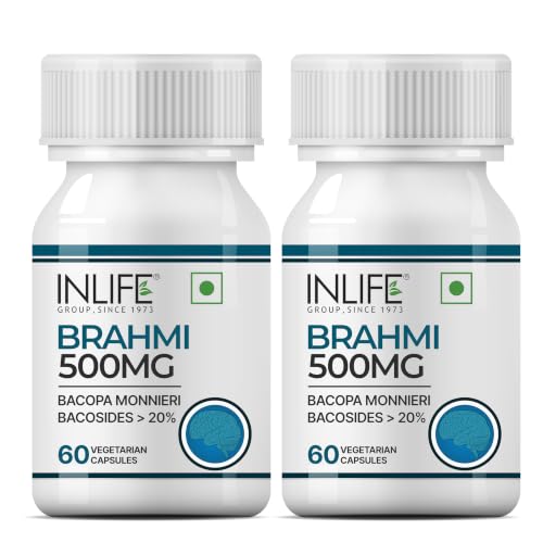 Image of INLIFE Brahmi Capsules 500mg, Bacopa Monnieri Bacosides >20%, Ayurvedic Nootropic Support for Memory & Focus, 60 Veg Capsules (Pack of 2)