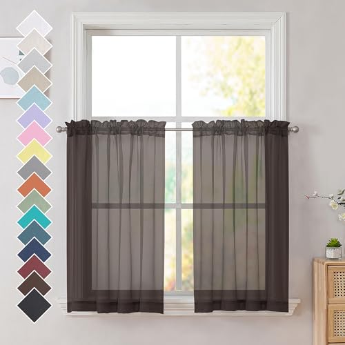 Image of OVZME Brown Sheer Curtains 36 inches Long, Short Kitchen Window Treatment Solid Sheers Cafe Curtains Tiers Voile Half Window Curtains 2 Panels for Kitchen Room Laundry, Rod Pocket, 42 inch Wx36 L