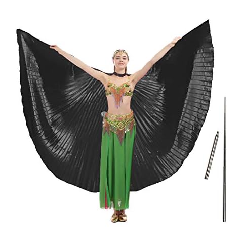 iMucci 55inch Adult Women Belly Dance Wing with Rods-360 Degree Isis Angel Wings with Portable Telescopic Sticks Black Cover