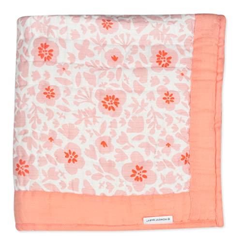 HonestBaby Hand-Quilted Baby Blanket Reversible 100% Organic Cotton for Infant Boys, Girls, Peach Skin Papercut Floral, One Size