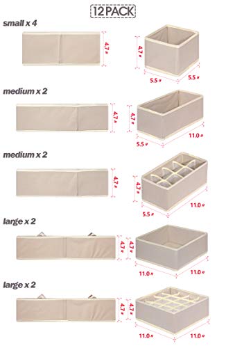 TENABORT 12 Pack Foldable Drawer Organizer Dividers Cloth Storage Box Closet Dresser Organizer Cube Fabric Containers Basket Bins for Underwear Bras Socks Panties Lingeries Nursery Baby Clothes Beige