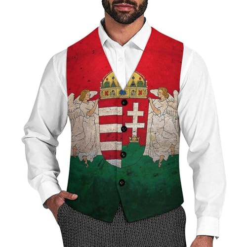 Homect with Hungarian Flag Trendy Vest Suit for Men V Neck Formal Dress Waistcoat Vests Business Slim Fit