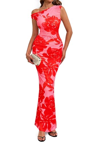 Image of PRETTYGARDEN Women Summer Floral One Shoulder Bodycon Maxi Dresses Ruched Mesh Beach Wedding Guest Dress Vacation Outfits(Pink Red Flower,Small)