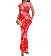 PRETTYGARDEN Women Summer Floral One Shoulder Bodycon Maxi Dresses Ruched Mesh Beach Wedding Gues...