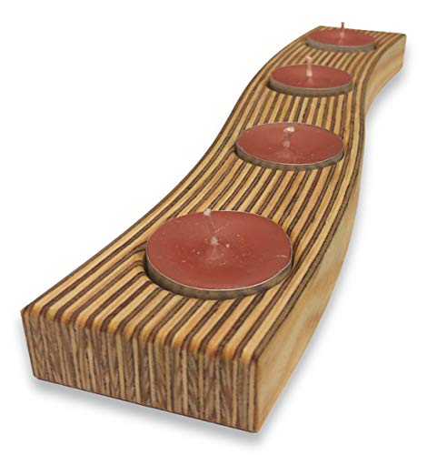 BUNBAN Natur Kerzenhalter Holz, 4-flammiger Teelichthalter, geschwungen 30 x 5,5 x 2,3 cm (Kiefer-Sperrholz) Cover