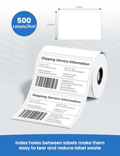 Image of Phomemo 4 inchx3 inch Thermal Shipping Labels, White, 500 Sheets Per Roll