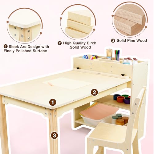 Kids Art Table and Chair Set, Birch Wooden Activity Craft Table, Kids Drawing Table, Toddler Desk with Storage and 1 Chair - Image 4