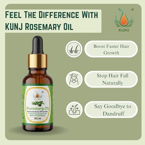 Image of KUNJ Rosemary Oil for Hair Growth & Hair Fall Control - 30ml | 100% Pure & Natural Undiluted Rosemary Essential Oil | Promotes Thick Hair, Scalp Nourishment, Dandruff Care | Steam Distilled