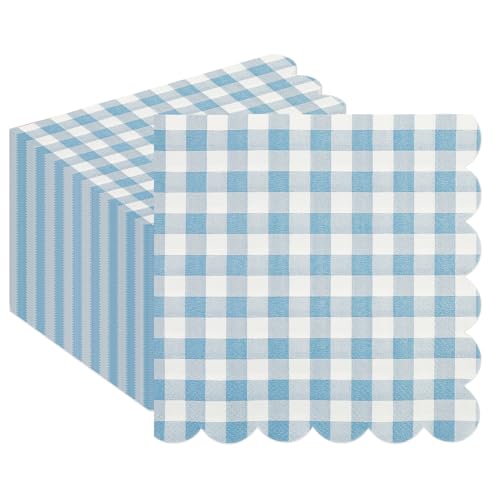 50PCS Blue Scalloped Gingham Paper Napkins - Light Blue and White Striped Luncheon Napkin Checkered Dessert Napkins Disposable Decorations Supplies for Birthday Baby Shower Wedding Party