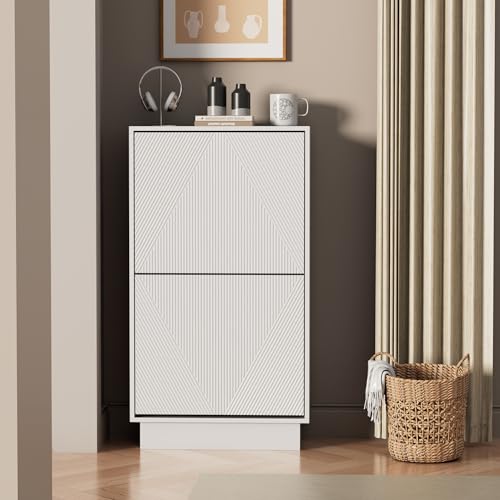 UEV Meuble à Chaussures avec 2 Abattants, Armoire à Chaussures avec Motif Lignes, Étagère à Chaussures avec Fonction Anti-Basculement, pour Couloir,...