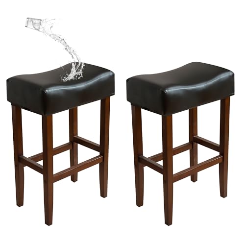 Image of 2 PCS Waterproof Rectangular Bar Stool Covers 14x18X4 Faux Leather Stretch Rectangle Saddle Stool Covers Heavy-Duty for Kitchen Counter & Lab Washable-Black