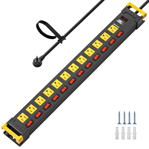 CRST Heavy Duty Power Strip Surge Protector with Individual Switches, 12 Outlets Metal Power Strip with Cord Manager, 9FT, 1020J, 15AMP/1875W (Black+Yellow) for Garage, Workshop, Shop, Home