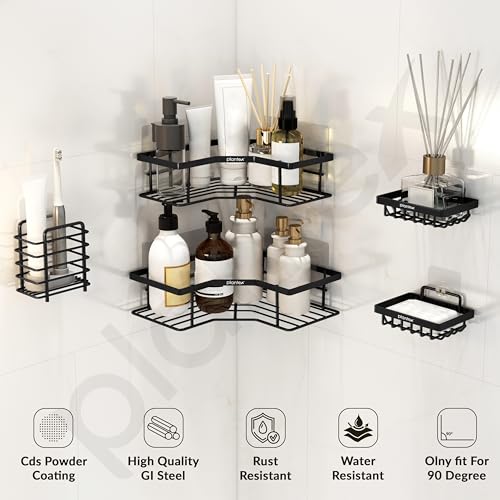 Image of Plantex Alloy Steel Self Adhesive Bathroom Shelf Rack /Bathroom Organizer Without Drill /Soap Dish /Multipurpose Corner Shelf for Bathroom Wall /Soap Holder /Tumbler Holder-Combo(Black)