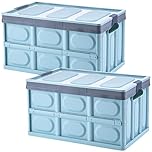 Tuevob Collapsible Storage Boxes 2 Pack 30L Lidded Plastic Tote Storage Box Container Stackable Folding Utility Crate for Clothes, Toys, Books, Snacks, Shoes, Grocery Storage Bin - Blue