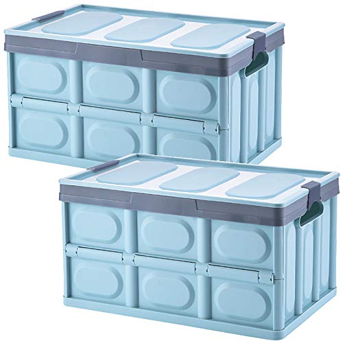 Tuevob Collapsible Storage Boxes 2 Pack 30L Lidded Plastic Tote Storage Box Container Stackable Folding Utility Crate for Clothes, Toys, Books, Snacks, Shoes, Grocery Storage Bin – Blue