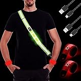 DazSpirit Lauflicht Joggen mit Reflektoren Gürtel + 2 Rot LED Armband, Verstellbarer USB Aufladbar LED Lauflampe Reflektorgürtel, Nacht Reflektor Gurt für Joggen Laufen Hundewandern Outdoor Sports