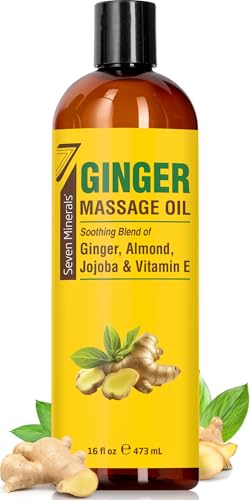 Seven Minerals Ginger Massage Oil for Lymphatic Drainage Massage Therapy - Big 16 oz - Warming and Ultra Relaxing - Therapeutic Grade Essential Oils Soothes Tired Muscles & Relaxes Mind and Body