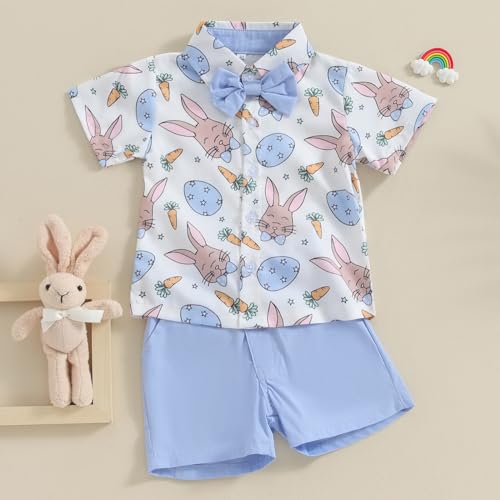Image of Owl's-Yard Baby Boy Easter Outfits Rabbit Carrot Short Sleeve Button Down Shirts and Solid Color Shorts 2 Pcs Summer Set