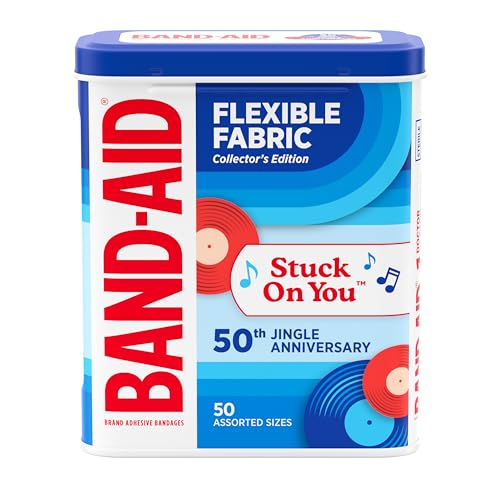 Image of BAND-AID Brand Flexible Fabric Adhesive Bandages, Comfortable Sterile Protection & Wound Care for Minor Cuts & Burns, First Aid Kit Essential, Jingle Anniversary Collectible Tin, Assorted Sizes, 50 Ct