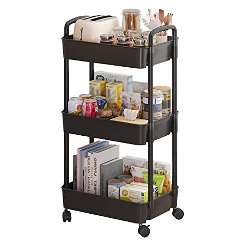 Sywhitta Rolling Utility Cart with Handle, Multi-Functional Storage Trolley for Office, Living Room, Kitchen, 3-Tier Movable Storage Organizer with Wheels, Black Cover