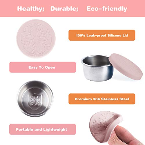 Salad Dressing Containers Set, KARYHOME Small Condiment Containers with Silicone Lids, Leakproof & Reusable for Condiments, Snacks, Dipping Sauce, Stainless Steel, 4x1.6oz, Pink