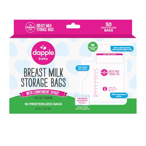 Image of Dapple Breast Milk Storage Bags with East Pour Spout, Leakproof Double Zipper, BPA-Free, Pre-Sterilized, Temperature Sensor, Freezer-Safe, Pump Directly Into Bag, 8oz, 50ct