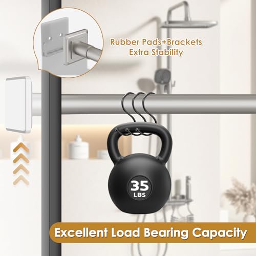 Image of Brushed Nickel Tension Curtain Rod Adjustable Shower Curtain Rods 30-76 In Spring No Drilling or Screw Installation Shower Rod for Bathroom Shower Bar for Closet Kitchen with Brackets