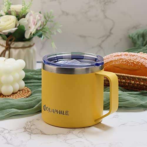 Aquaphile 14Oz Stainless Steel Insulated Coffee Mug With Handle, Double Walled Vacuum Travel Cup With Lid, Reusable Thermal Coffee Cup, Portable Coffee Tumbler, For Hot&Cold Drinks(Yellow) #TOP6
