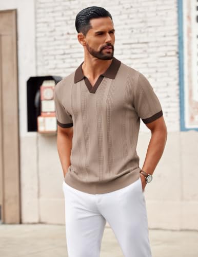 Image of COOFANDY Mens Knit Polo Shirts V Neck Textured Polo Shirts Short Sleeve Breathable Polo Casual Collared T Shirt Fashion Tops