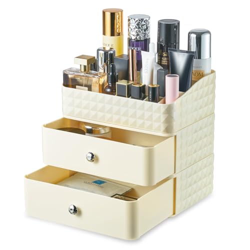 Makeup Organizer for Vanity, Stackable Cosmetics Organizer and Storage, Cosmetic Display Cases with 2 Drawers and 1 Tray for Makeup Brush, Hair Accessories, Lipstick and Jewelry (Beige)