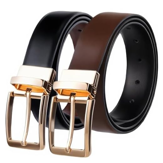 Cinto masculino reversível, cinto masculino com fivela de couro, cinto casual com fivela de pino único, cinto ajustável para homens, Melão dourado, 110cm Waist 28-42