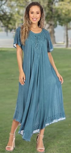 Image of Sakkas Egan Long Embroidered Caftan Dress /Cover Up with Embroidered Cap Sleeves