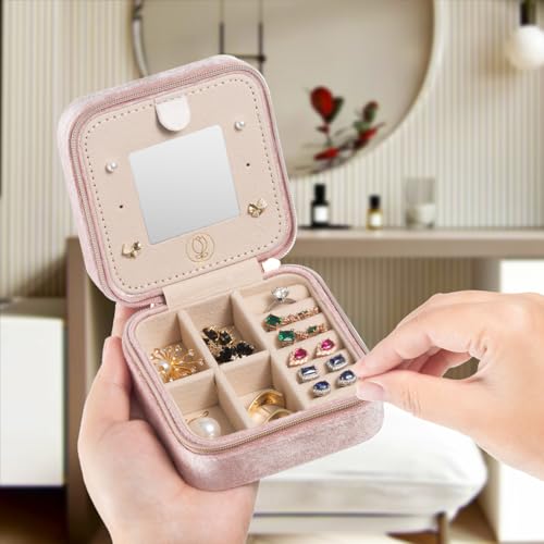 Image of TRODANCE Plush Velvet Travel Jewelry Case Organizer, Small Travel Jewelry Box,Portable Jewelry Box Travel Mini Organizer Portable Display Storage Box For Rings Earrings Necklaces (Pink)