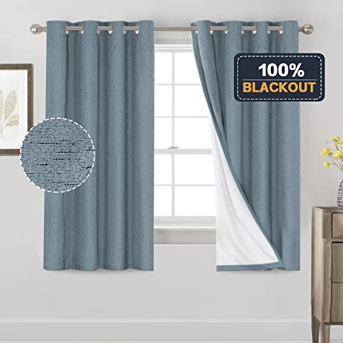 Image of PrinceDeco Blackout Curtains 63 Inch Length Stone Blue Short Blackout Curtains for Bedroom Living Room Anti-Rust Grommet Thermal Insulated with White Liner, 52 inch W x 63 inch L, 2 Panels Set