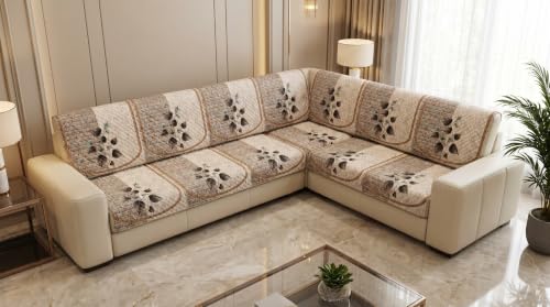 Image of KINGLY Quilted Velvet Sofa Cover Beige L Shape 3+2 Anti Skid Pipe