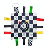 Baby Jack & Co 10x10” Racing Sports Lovey Sensory Plush Blanket - Tag Toy for Babies - Baby Stroller Toys - Learn Shapes, Letters & Colors - MVP Baby Tire Toy & Baby Sports Gift w/Stroller Clip