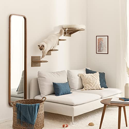 Image of Novecrafto Wall Mounted Cat Shelf Perch Bed With 3 Climbing Steps- Solid Wood Cat Sleeper Platform Shelf With Extra Soft Cushion - Grey Cat Bed