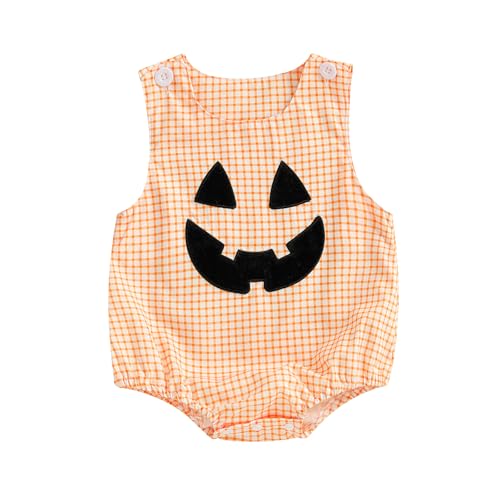 Sasaerucure Infant Baby Boy Halloween Outfits Pumpkin Onesie One Piece Newborn Sleeveless Smocked Bubble Romper (Orange 0-3 Months)