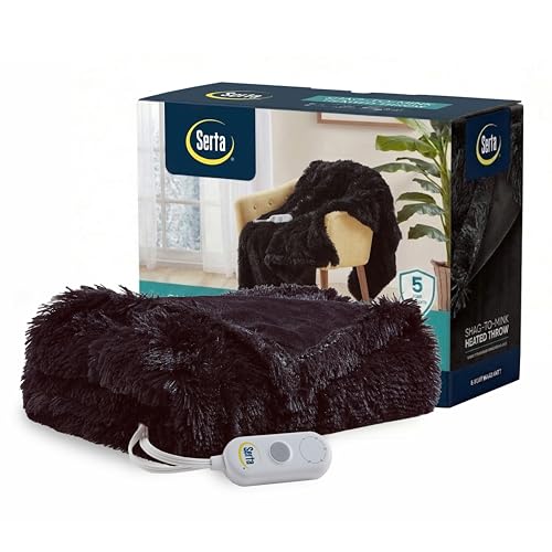 Serta Mila Shaggy Heated Throw Blanket - Soft Faux Fur Heated Blanket, Fast Heating, Auto Shut Off Timer, Low EMF, 5 Heat Setting, ETL Certified, Machine Washable Electric Blanket, Black 50"x60"