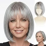 WIGYY Silver Grey Bob Wig for White Women – 12 Inch Short Straight Synthetic Wig with Bangs, Glueless Protein Fiber Hair, Lightweight Heat-Resistant Natural Look Daily Wig