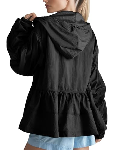 Womens Hooded Babydoll Jacket Lightweight Oversized Windbreaker Coat Casual Drawstring Hoodie